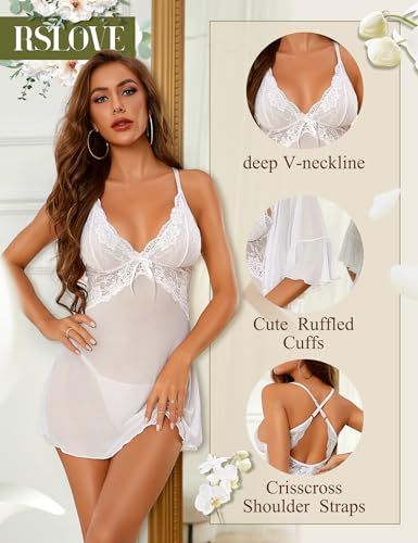 RSLOVE Women Sexy Lingerie Set - 3 Piece Babydoll & Lace Kimono Robe Bridal Strap Chemise Mesh Nightgown White S