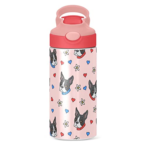 Alaza Dog Floral Hearts Kids Water Bottles With Lids Straw Insulated Stainless Steel Water Bottles Double Walled Leakproof Tumbler Travel Cup For Girls Boys Toddlers 12 Oz,Pink #TOP1