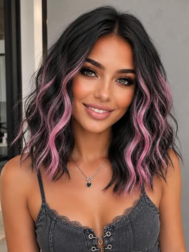 Image of Eawwii Wigs for Women Black Mix Pink,Short Wavy Synthetic Lace Wig