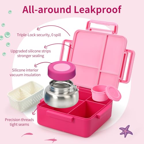 Image of Kids Bento Box for Thermos, [Large Capacity] Insulated Lunch Box Kids with 4 Compartment for Ages 3+, Drop-Proof & Dishwasher Safe Lunchbox Container Pink