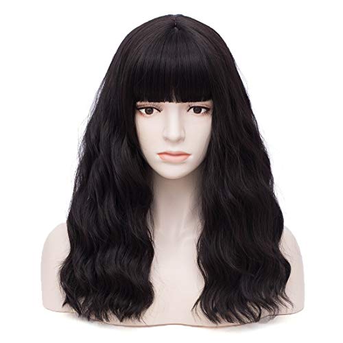 Women's Black Wavy Wig with Bangs Middle Length Synthetic Wigs for Daily Use or Costume