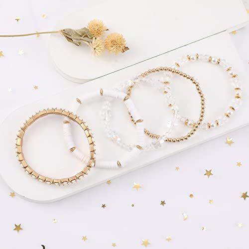 Clay Beaded Bracelets, White Pink Preppy Bracelets Gray Preppy Bracelet Black Bracelets Boho Multi-Layer Beaded Crystal Bracelets, Bohemian Stackable Bead Bracelet Set Jewelry for Women3