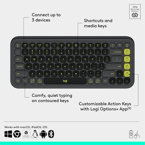 Image of Logitech POP ICON Keys Wireless Bluetooth Keyboard, Comfortable Typing, Programmable Keys, Easy-Switch Between up to 3 Devices, for Laptop, Tablet, PC - Graphite