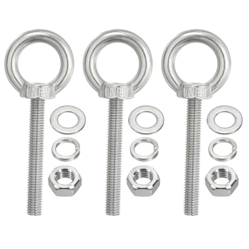 Image of PATIKIL M8 x 70mm Lifting Shoulder Eye Bolt, 3Pcs 304 Stainless Steel Lifting Ring Threaded Eyebolt with Nuts Washers for Hanging Hammocks Articles