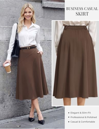 Image of Women's Business Casual Midi Skirt, High Waist Flowy Skirts with Pockets