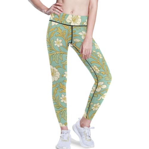 Leggings de yoga para mujer estilo flor de pera William Morris diseño retro azul de cintura alta