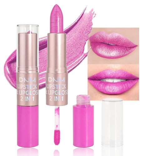 Image of evpct 2 in 1 Hot Pink Glitter Metallic Shimmer Diamond Lipstick and Lip Gloss Set for Women Long Lasting Waterproof, Rose Pink Sparkle Glitter Shiny Lipstick and Lip Liner Makeup Set, 04#