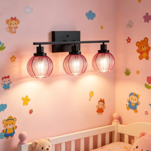 Image of 3-Light Pink Globe Bathroom Vanity Light Vintage Wall Sconce | 3-Light Vanity Light, Pink Ribbed Globe Glass Shades, E26, Soft Glow Mirror Lighting For Master Bath, Powder Room, Bathroom