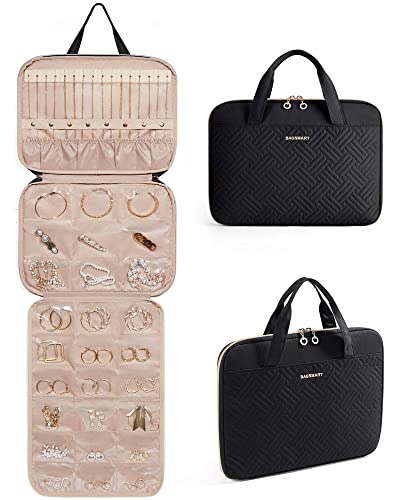 BAGSMART Jewelry Travel Organizer Case,Hanging Roll Jewelry Bag for Travel with Pockets,Large Capacity Jewelry Roll for Rings,Necklaces,Earrings,Bracelets,Bracelets,Portable Travel Essentials,Black