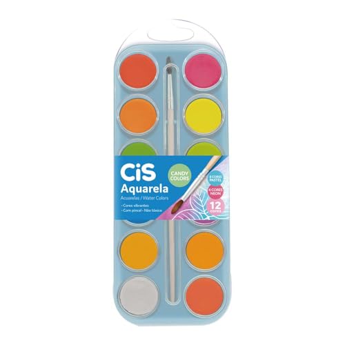 Aquarela Escolar Cores Candy Colors CIS, Estojo Com 12 Cores + Pincel