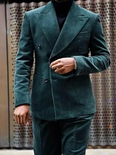 Mens Double Breasted Corduroy Suit 2 Piece Blazer with Pants Set for Casual,Wedding3
