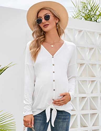 Coolmee Maternity Button Down Tops Shirts Long Sleeve V Neck Nursing Tops Casual Fall T Shirt Tie Knot Pregnancy Tunic Blouse Long Sleeve White Xxl #TOP2