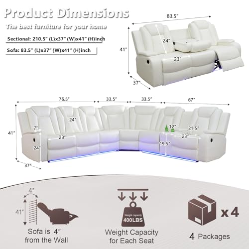 Image of Power Leather Recliner Sectional Sofa Set with LED Lights, Living Room Furniture Sets, L Shaped Reclining Sectional Couch and 3 Seats Sofa,Leather Couch with Coffee Table /Storage for Living Room