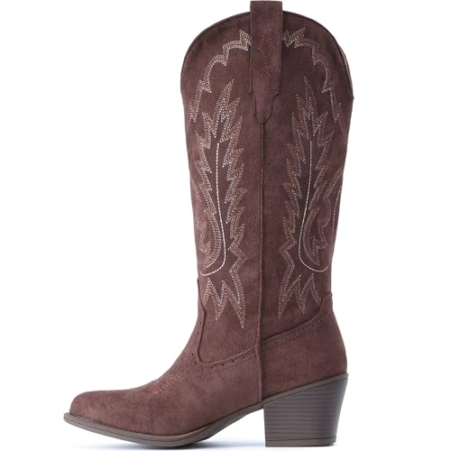 Image of IUV Suede Cowboy Boots For Women Chunky Heel Pointed Toe Cowgirl Boots