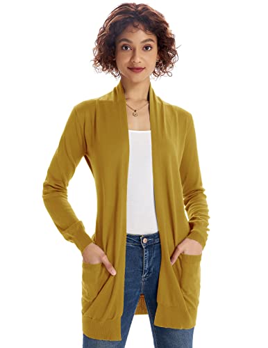 Womens Lightweight Sweater Cardigan Long Sleeve With Pockets Mustard L #TOP2
