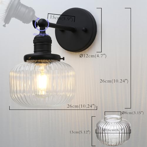Image of PERMO Single Sconce Vintage Industrial Wall Sconce Lighting with Flate Globe Ribbed Shade (Black)
