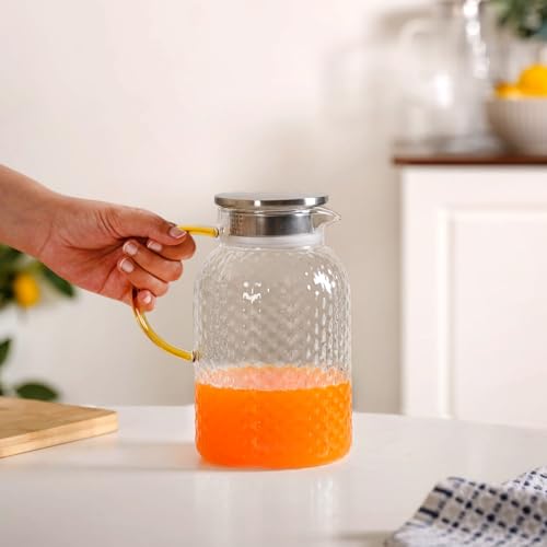 Image of Nestasia Transparent Glass Jug with Steel Lid (1250 ml) - Dishwasher & Microwave Safe Carafe with Dual Opening Strainer Lid - Tall Textured Glass Pitcher for Water, Juice, Hot & Cold Beverages