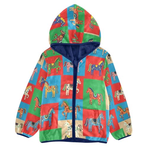 Colorful Horses on Squares Toddler Fleece Jacket Girl Boys Hooded Fleece Jacket Coat Warm Outwear Zip-up 3-10T