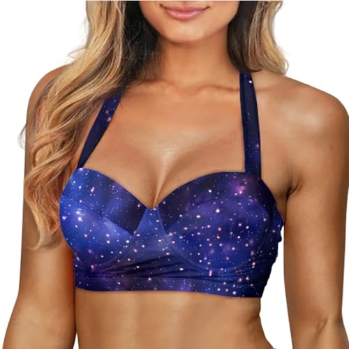 Binienty Purple Galaxy Print Women's Halter Push Up Bikini Top V Neck Swim Suit Padded Swimsuit Top Bathing Suits Sexy Swimwear Bra for Women Plus Size, Size S -  Bini-CZS12-6-81