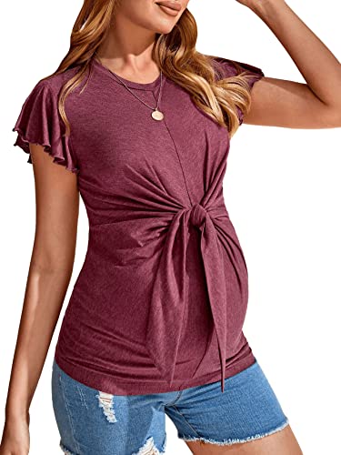 Verdusa Women's Maternity Knot Front Butterfly Sleeve V Neck Tee Top Pregnancy Shirt Maroon M #TOP2