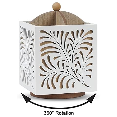 Optyuwah Rotating Kitchen Utensil Holder for Countertop, Wooden Utensil Holder Caddy, Utensil Organizer White Cutlery Holder Utensil Crock, Silverware Organizer for Spoons, Knives, Forks, 5.5" x 6.3" Cover