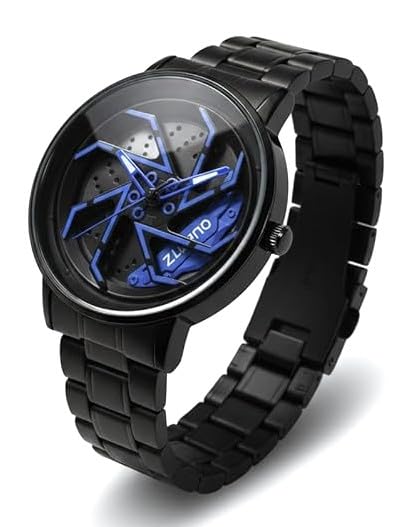Image of Men's Spinning Car Wheel Design Analog Watch | Black Dial Stainless Steel Strap | Stylish Casual Fashion Wrist Watch for Men | Unique Gift Watch