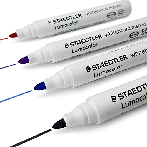 Staedtler Lumocolor Whiteboard-Marker, 351, trocken abwischbar, Korrekturstift, Rundspitze, 1 x Schwarz, 1 x Blau, 1 x Violett, 1 x Rot Cover