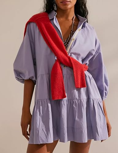 Image of Mingzhu Womens Summer Tiered Puff Sleeve Shirtdress Flowy A-line Babydoll Mini Dress