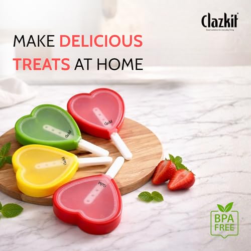 Image of Clazkit Ice Candy Maker | Silicone Popsicle Molds Ice Pop Makers Reusable Ice Lolly Cream Mold Home-Made Heart Shape Easy Release Popsicles Mould Lid with Stick. (4Psc Multicolor)