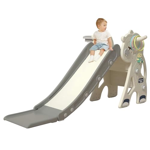 Beauenty 3 in 1 Toddler Slide Foldable Large Kids Toddler Indoor Slide Playset KidsSlide with Climber Basketball Hoop Ring Toss Story Machine Suitable for Boys & Girls Aged 2-5 (Grey)