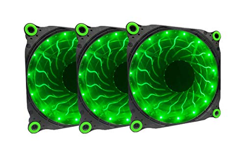 APEVIA 312L-DGN 120mm Silent Black Case Fan with 15 x Green LEDs & 8 x Anti-Vibration Rubber Pads (3 Pk)