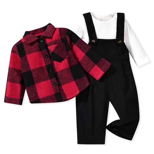 Image of Unutiylo Toddler Baby Boy Clothes Set Infant Boy Overalls Outfit Fall Winter Long Sleeve Romper+Suspender Pants+Plaid Jacket