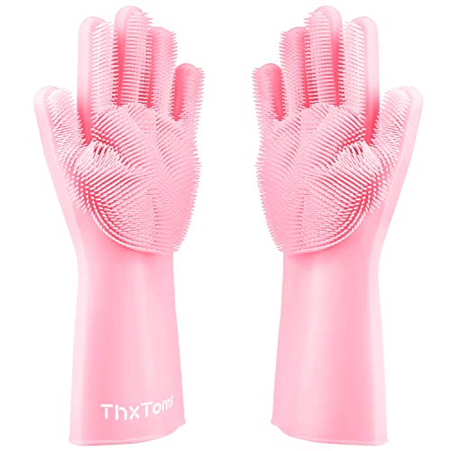 ThxToms Dishwashing Gloves, Pair of Rubber Scrubbing Gloves for Dishes, Wash Cleaning Gloves with Sponge Scrubbers for Kitchen, Bathroom and Car (Pink)