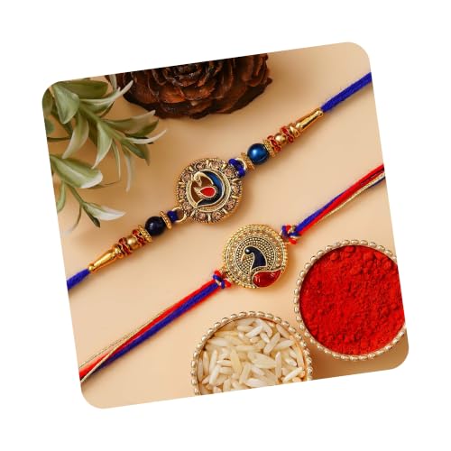 Image of eCraftIndia Set of 2 Light Blue Golden Premium Designer Rakhi for Brother Bhaiya Bhai | Roli Chawal Pack | Rakhi Combo