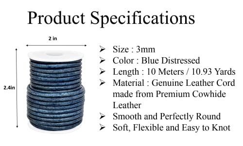 GENIQUE Real/Genuine Round Leather String Cord for Necklace Bracelets, Jewellery, Braiding (3mm, Blue Distressed) - Image 3