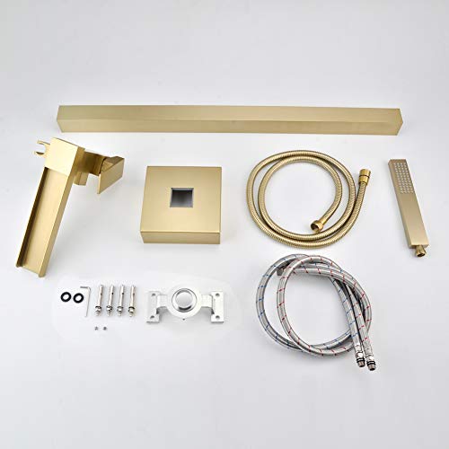 SHAMANDA Luxury Freestanding Bathtub Faucet Single Handle Waterfall Tub Filler with Handheld Shower Brushed Gold, Floor Mounted, FL701-3