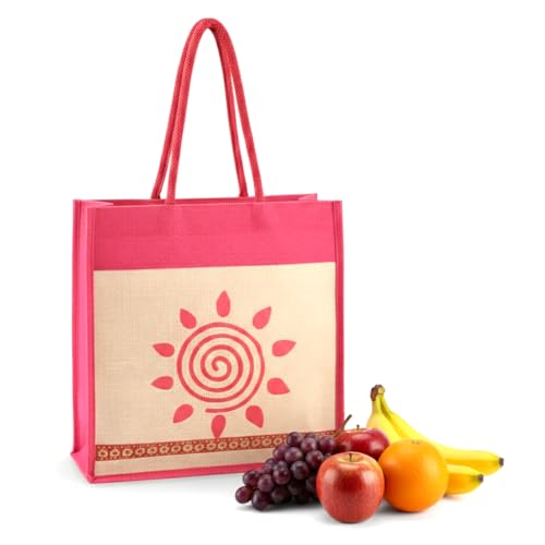 Image of Kuber Industries Jute Medium Shopping Bag for Women with Handle | Reusable Carry /Shopping Bag for Grocery | Sunflower Print - Cream & Pink