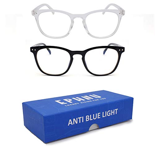 Blue Light Blocking Glasses-2 Pack Computer Game Glasses Round Eyeglasses Frame for Women Men, Anti Eyestrain Reading Glasses Non Prescription (Black + Transparent)