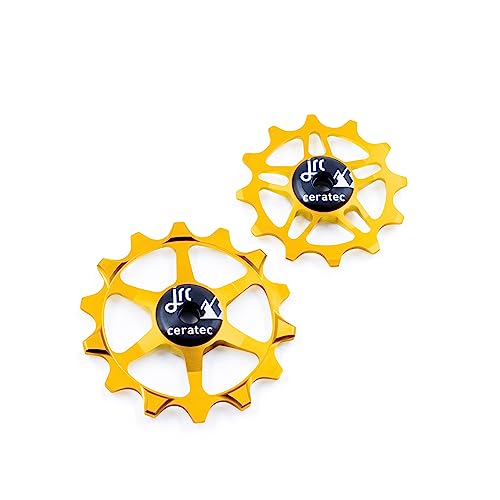 Image of JRC Components Ceramic Derailleur Pulley Wheels | Pair of 14&12T Hybrid Ceramic Bearing - MTB Bike Rear Derailleur Wheels - Gold