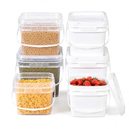 ASEVAT 6 Pack Square Plastic Buckets with Lids & Handles, 1L/2L/3L White & Clear Food-Grade Storage Pails, Stackable Airtight Containers for Food, Pantry & Cleaning Supplies