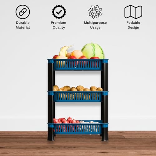 Image of Multipurpose Plastic Storage Rack for Kitchen | Foldable Vegetable & Fruit Organizer Stand for Onion, Potato, Sabji | Countertop Multi-Layer Basket Rack for Home, (Blue, 3 layer)