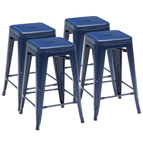 DUMOS Metal Bar Stools Set of 4 24in Stackable Counter Height Bar Stools Backless Restaurant Chairs for Kitchen Island Indoor Outdoor Use Classic Trattoria Barstools for Dining Room Blue