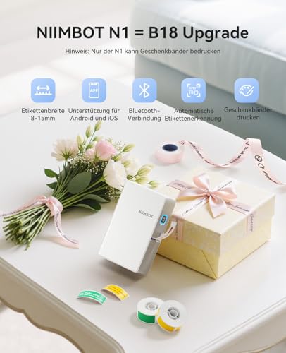 NIIMBOT N1 Etikettendrucker, B18 Upgrade Selbstklebendes Etikettiergerät Beschriftungsgerät, Tragbarer Thermotransfer Label Printer Farbdruck Etiketten nterstützt das Drucken von Geschenkbändern