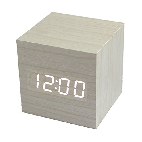 RayLineDo® Fashion White Wood Cube Mini with LED Wooden Digital Alarm Clock -Time Temperature Date Display - Voice and Touch Activated
