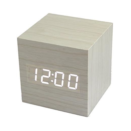 RayLineDo® Fashion White Wood Cube Mini with LED Wooden Digital Alarm Clock -Time Temperature Date Display - Voice and Touch Activated