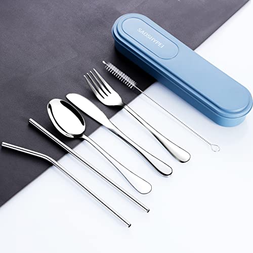 Image of Portable Utensils Set with Case, 4pcs Stainless Steel Reusable Silverware for Lunch Camping School Picnic Workplace Travel, Lunch Box Includ Fork Spoon Knife,Easy to clean,Dishwasher Safe(Black)