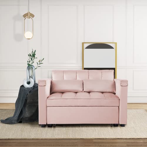 Convertible Sofa Bed, 3-In-1 Multi-Functional Velvet Sleeper Couch Pull-Out Bed, 48'' Loveseat Bed Chaise Lounge With Adjustable Backrest And Pillows, Hidden Side Table For Living Room, Small Space #TOP7