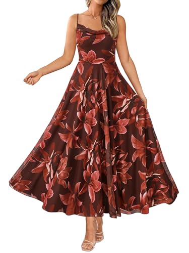 BTFBM Women Summer Floral Maxi Dresses Elegant Spaghetti Strap Dress Printed Party Dress Beach Long Dresses(Floral Red Brown,Medium)