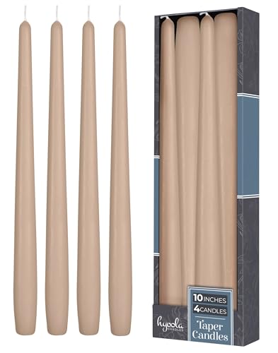 Hyoola Tall Taper Candles - 10 Inch Sahara Beige Unscented Dripless Taper Candles - 8 Hour Burn Time - 4 Pack