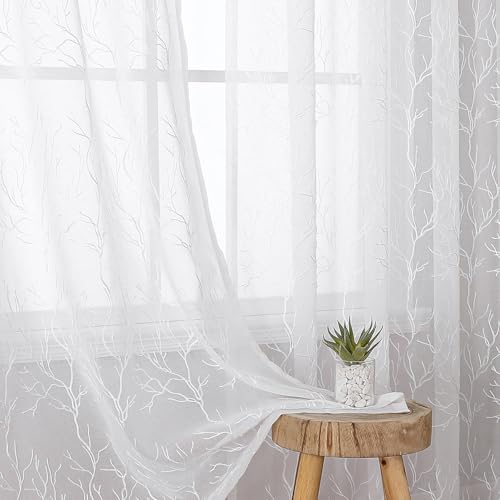 VISIONTEX White Sheer Curtains Coral Branch Embroidered 63 Inches